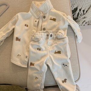 H&M Cream Kids Matching Set with Dog Embroidery